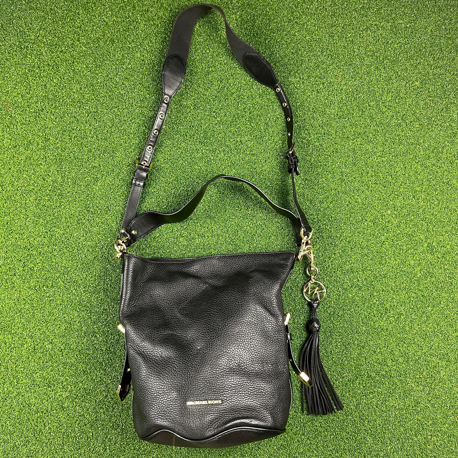 Michael Kors Black Brooke Medium Leather Bucket Bag Fringe Bag Charm